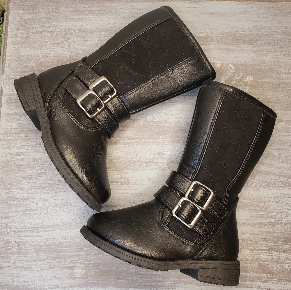 Rachel Shoes Black Leather Boots with Buckles